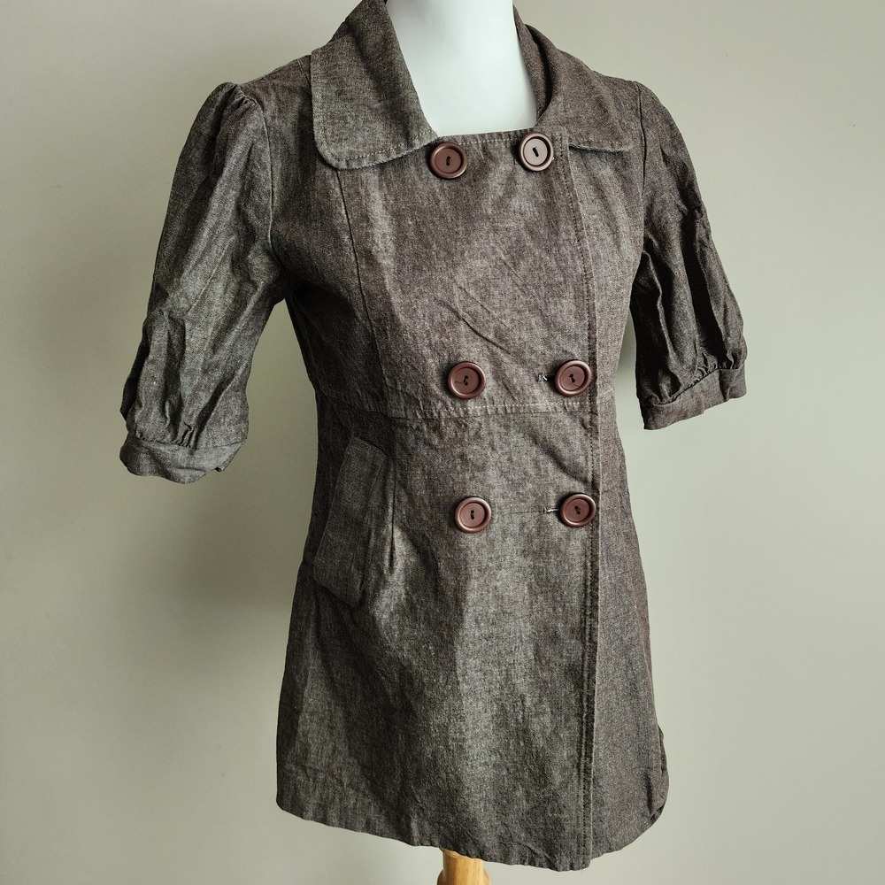 FINAL TOUCH Brown Cotton Jacket Womens Small Blazer Linen-Look‎ Balloon Sleeve